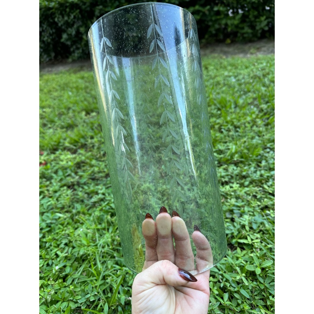 Etched Recycled Glass Hurricane Candle Holder with Wood Base Leaf Vine Pattern